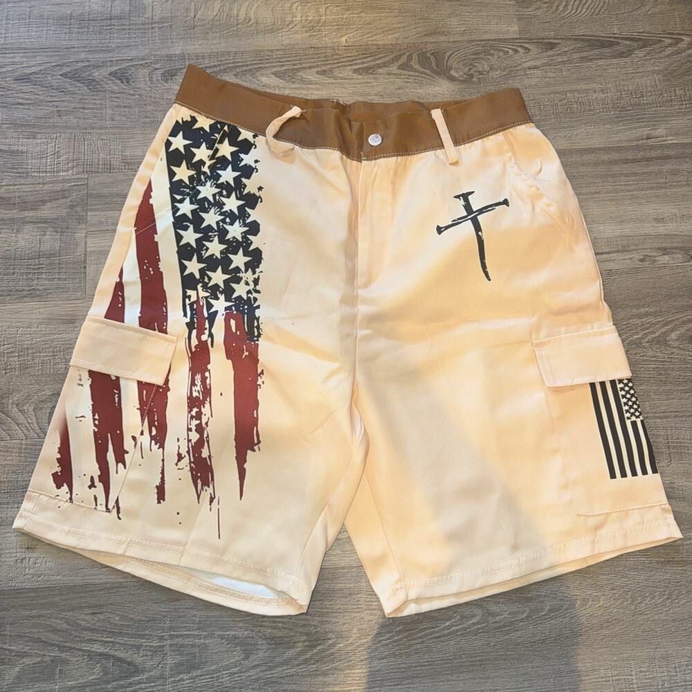 Men’s XL Patriotic Cargo Shorts American Flag Cross Christian White NWT